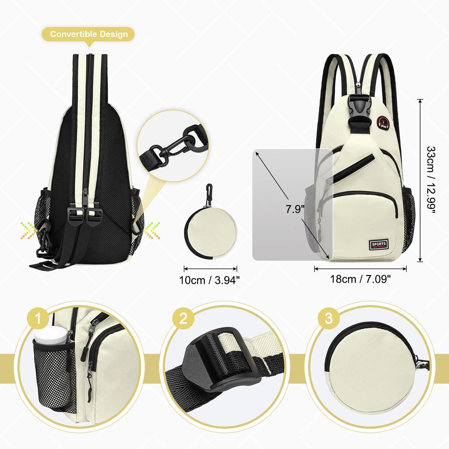 SUIKIHUM Convertible Sling Bag with Coin Pocket, 7.9" Tablet Crossbody Mini Backpack with Headphone Jack Casual Pack for Women Men Travel, White