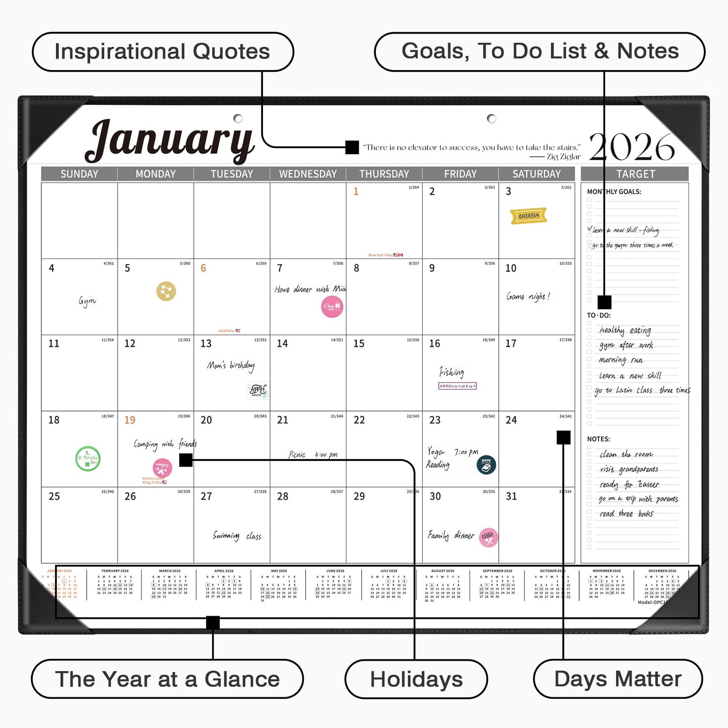 Ospelelf Large Desk Calendar 2026-2027 with PU Leather Pad, 18 Months Planner Pad from January 2026 - June 2027, 22" x 17" Wall Calendar with Protective Cover for Home or Office, Black