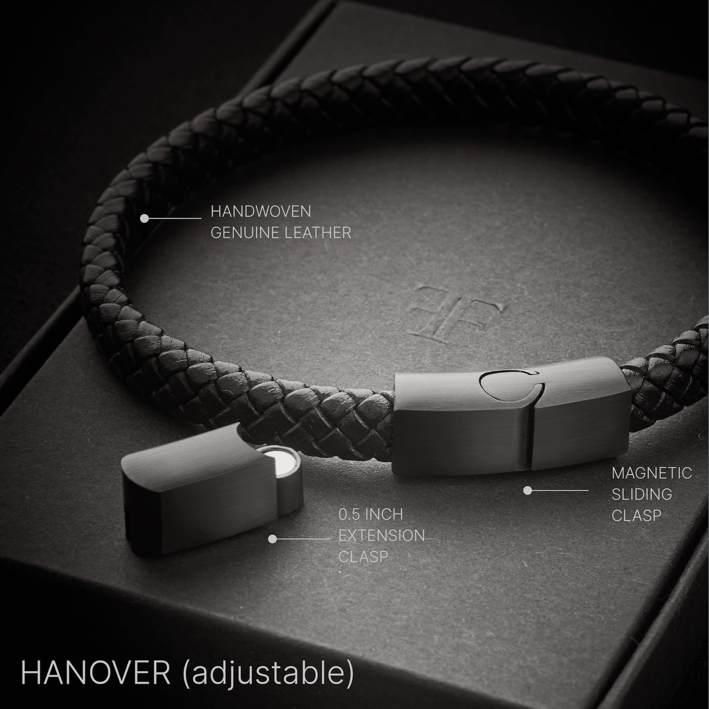 Forge & Foundry Men's Genuine Interwoven Leather Braided Bracelet with Matte Black Custom Engraved Stainless Steel Clasp | “Hanover” | Artist Collaboration Design | Medium Adjustable
