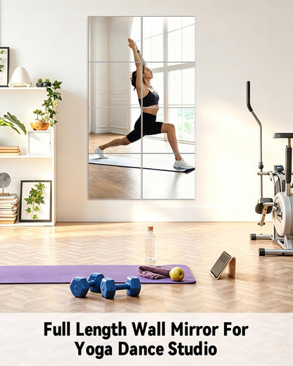 Home Gym Mirrors 12 Inch x 12Pcs Full Length Mirror Tiles Acrylic Unbreakable Wall Mounted Mirror Frameless Full Length for Home Gym, Bedroom, Door