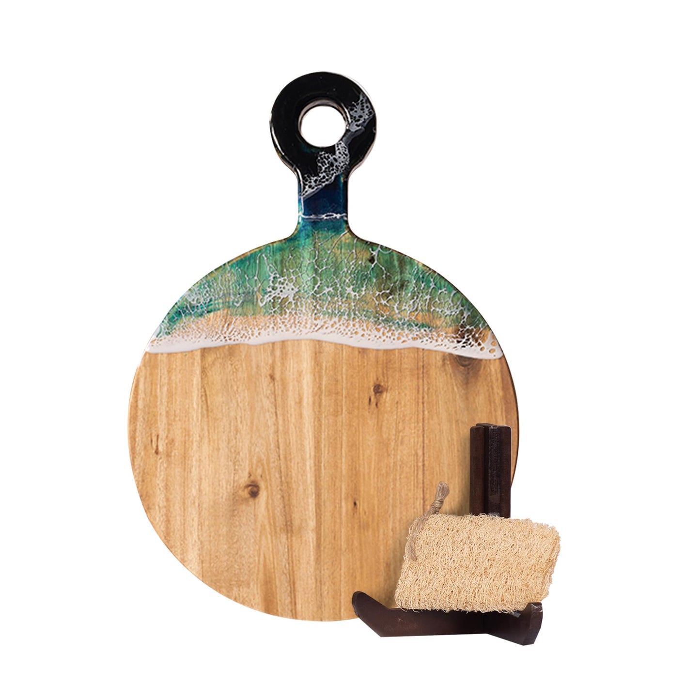 VWOOX Acacia Wood Serving Board with Ocean Resin Art, 18.1" x 13" Charcuterie Cheese Tray for Display & Prep, Cutting Board on Back, Includes Stand & Loofah, Christmas Housewarming Gift (Round)