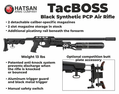 Hatsan TacBoss .25 Cal 905 FPS 37 FPE 14-Shot PCP Black Air Rifle, Side-Lever Action, 580cc Air Cylinder, Dual Pressure Gauges, QE Technology w/ Wearable4U 150x .25cal Pellets & Scope w/Mounts Bundle