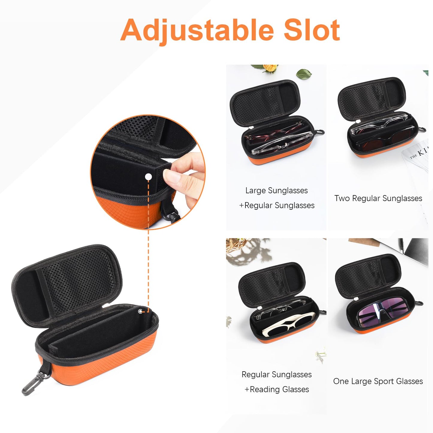 Bukere Double Eyeglasses Case with Adjustable Slots, EVA Hard-shell Travel Dual Glasses Sunglasses Organizer for Men Women (2 Slots, Orange)