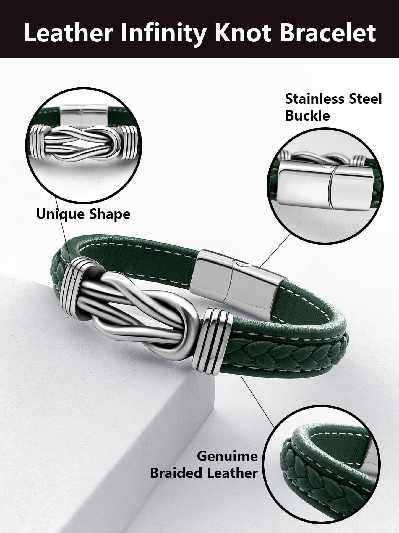 Oaldilee Mens Braided Leather Bracelet, Green Wax Rope Braided Leather Infinity Knot Bracelets for Men with Steel Clasp, 7.5in Length