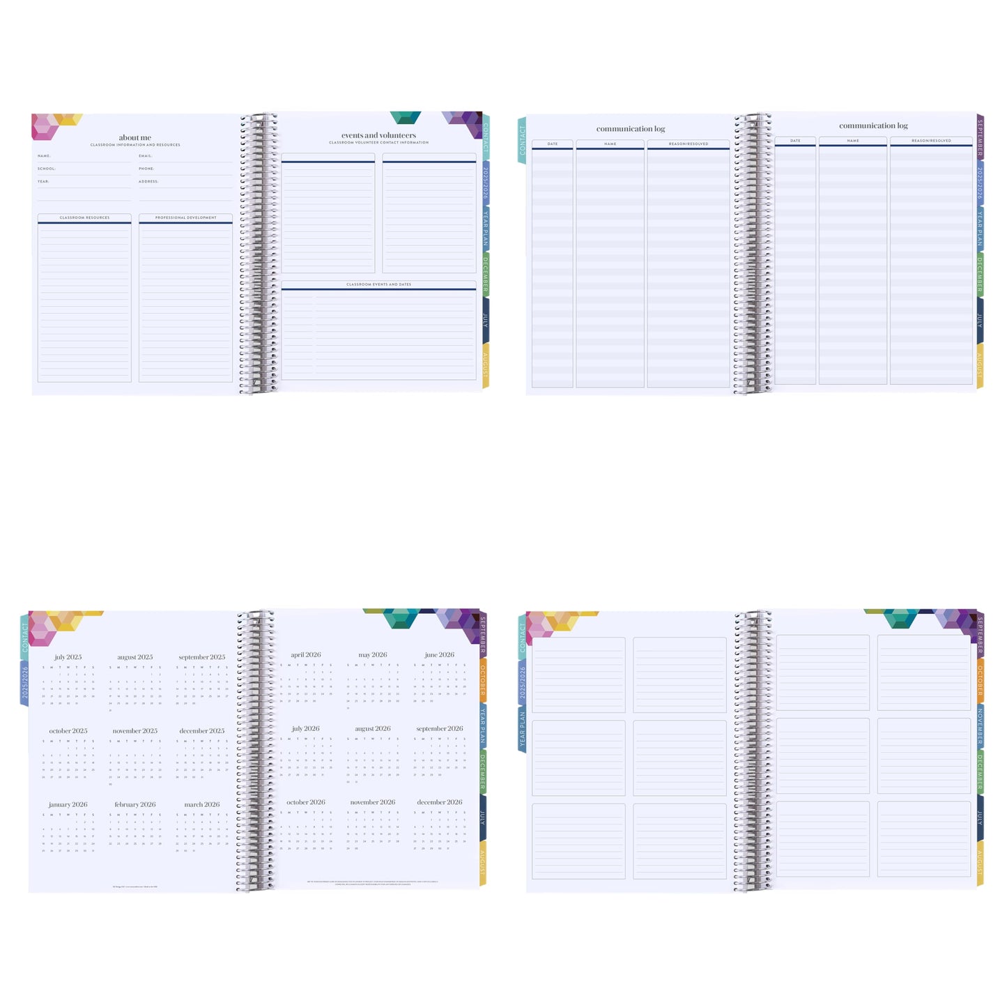 8.5x11 Coiled Teacher Lesson Planner (January 2026 - December 2026) - Apple Dapple classic cover, horizontal layout, Hexagon theme, platinum coil
