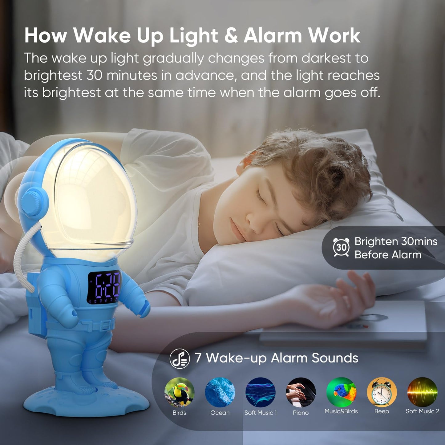 AFEXOA Astronaut Sunrise Alarm Clock for Kids, White Noise Sound Machine with 30 Soothing Sounds, 22 Dimmable Nightlights, Bluetooth Speaker, Dual Alarms, Wake Up Light for Bedroom(Blue)