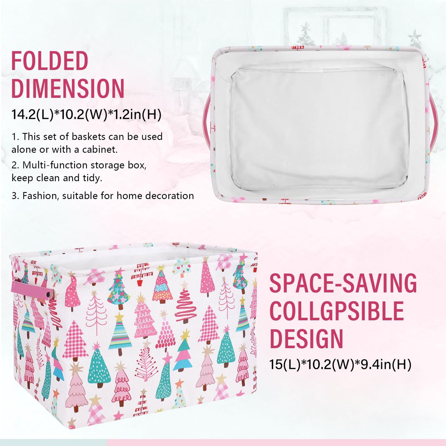 FYSUIMU 2 Pcs Christmas Storage Basket Pink Green Xmas Tree Storage Bins with Handles Rectangle Foldable Container Box for Home Office Nursery Laundry Shelf Closet Toy