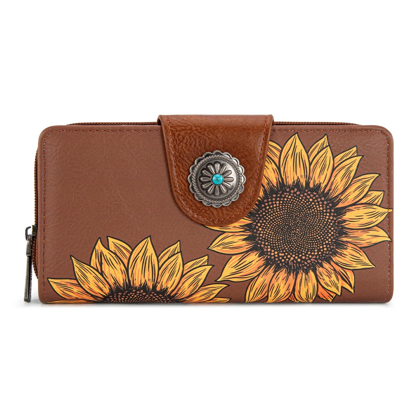 Montana West Brown Sunflower Wallets for Women RFID Blocking Wallet Large Capacity Phone Clutch Wallet Ladies Female Western Bifold Wallets with Coin Purse