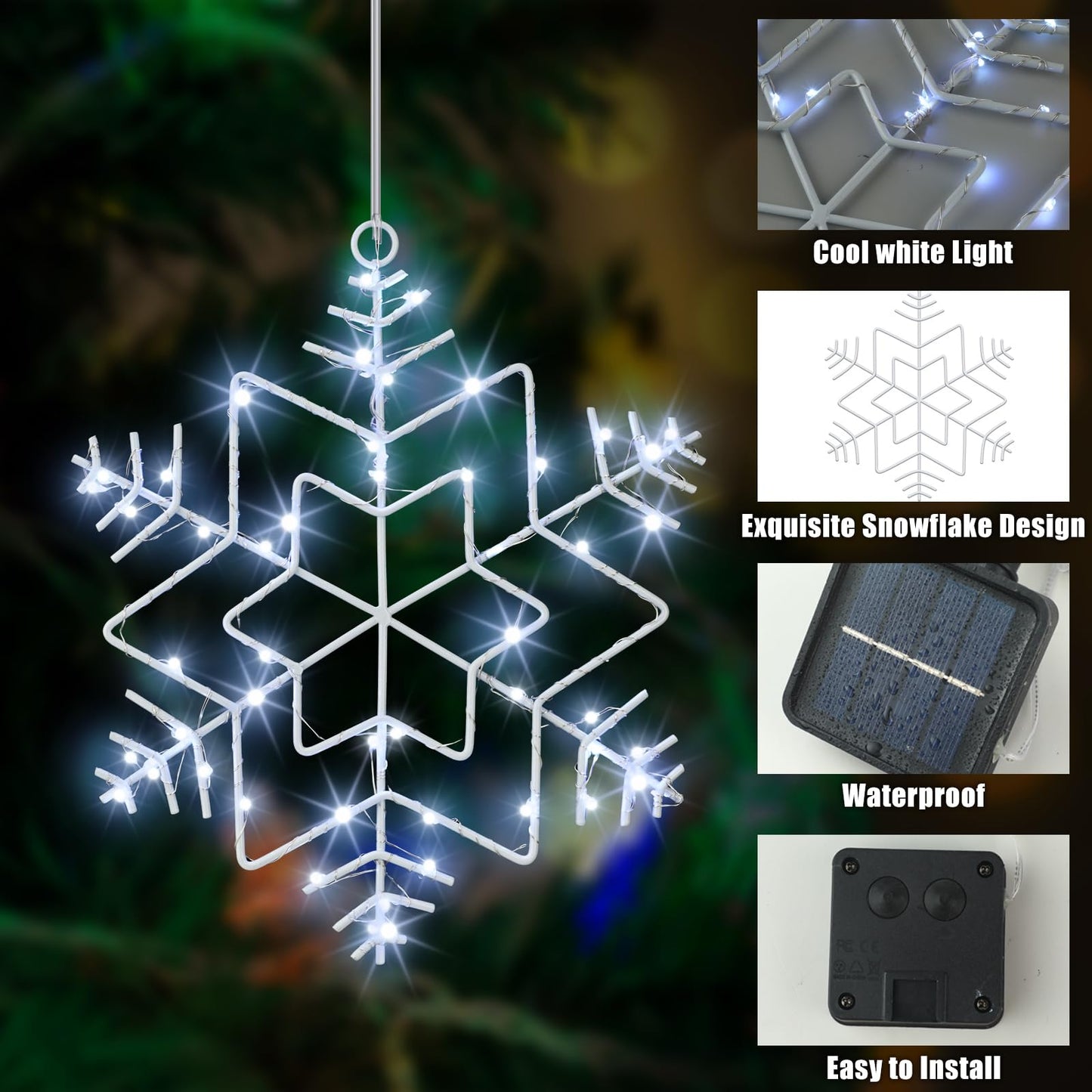 Baquler 2 Set Christmas Snowflake Solar Lights 20 Feet 138 LED Waterproof Outdoor Cool White Twinkle Fairy Lights 8 Modes Solar Hanging String Lights Decoration for Xmas Tree Porch Roof Window Decor