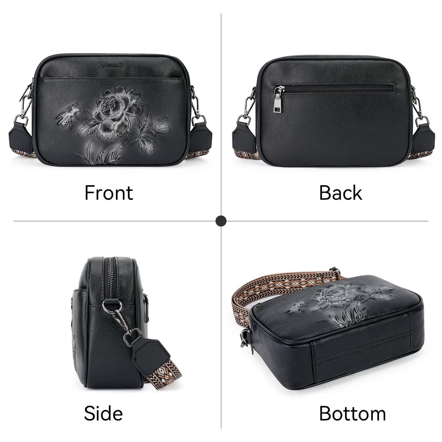 VIMUTI Small Crossbody Purses for Women, Trendy Vegan Leather Crossbody Bag Embossed Travel Shoulder Handbags with Wide Strap (Black)