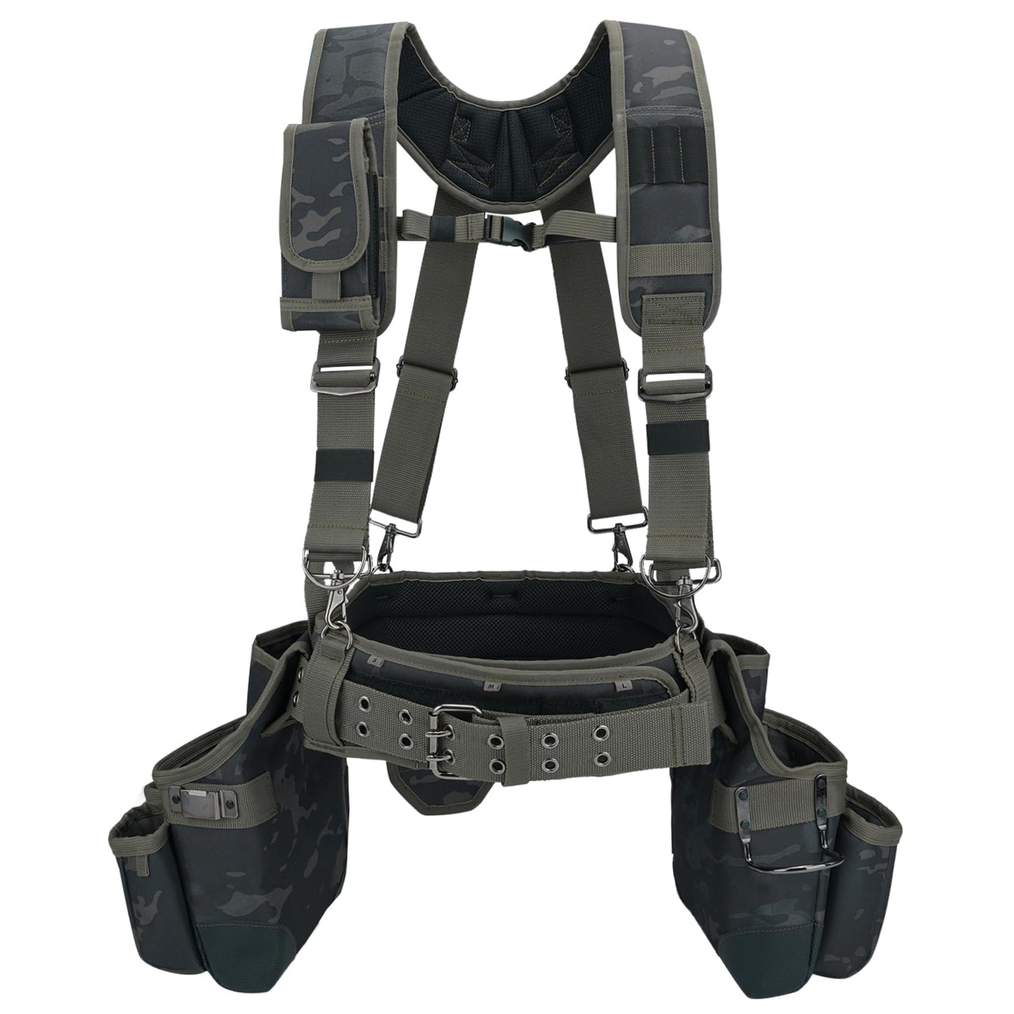 MELOTOUGH Camo Tool Belt with Suspenders Camouflage Tool Pouch Organizer Supenders Framers Combo Apron Tool Belt Construction Tool Bag Suspenders Heavy Duty Carpenter Suspension Rig (Green Camo)