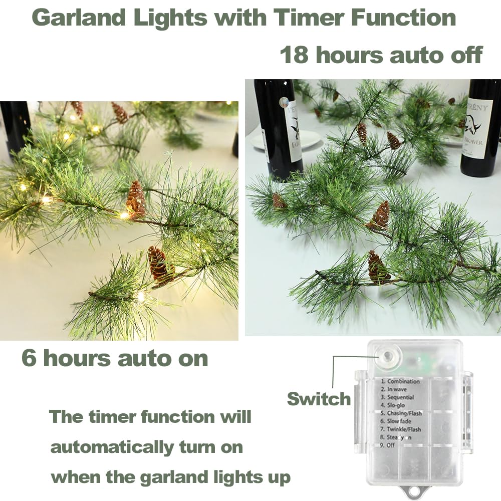PALONMY Remote Christmas Smokey Pine Garland with Lights 6.56FT Garlands with Timer 30 LED Fairy Lights Battery Operated Garland Lights with Pinecones Christmas Pre-lit Light for Home