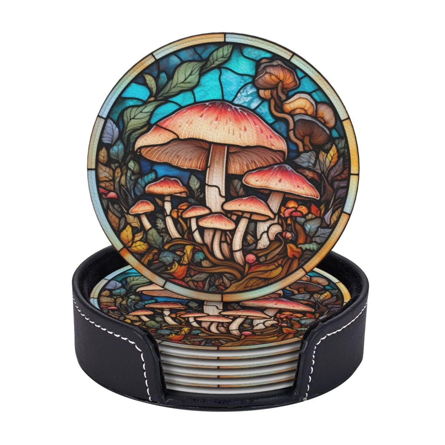 Mushroom Coasters for Drinks,Mushroom Decor Bar Drink Coasters for Coffee Table,Leather Cup Coasters Set of 6 with Holder for Wooden Table,Housewarming Bar Coasters Gifts