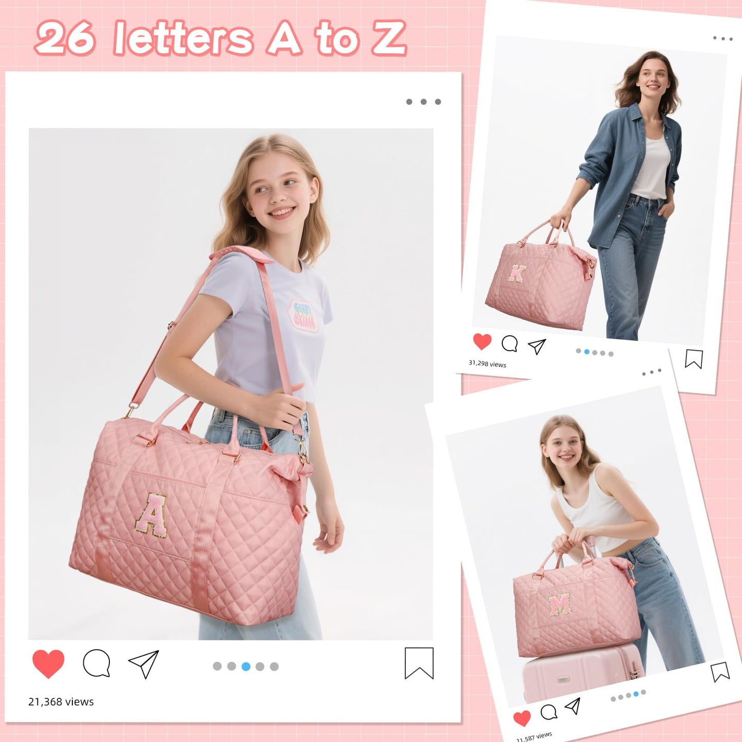 Gifts for Teen Girl, Initial Travel Duffle Bag, Personalized Women Weekender Overnight Bags, Gift for Daughter Kid Mom Friend College Girl Graduation Teacher（Pink,A)