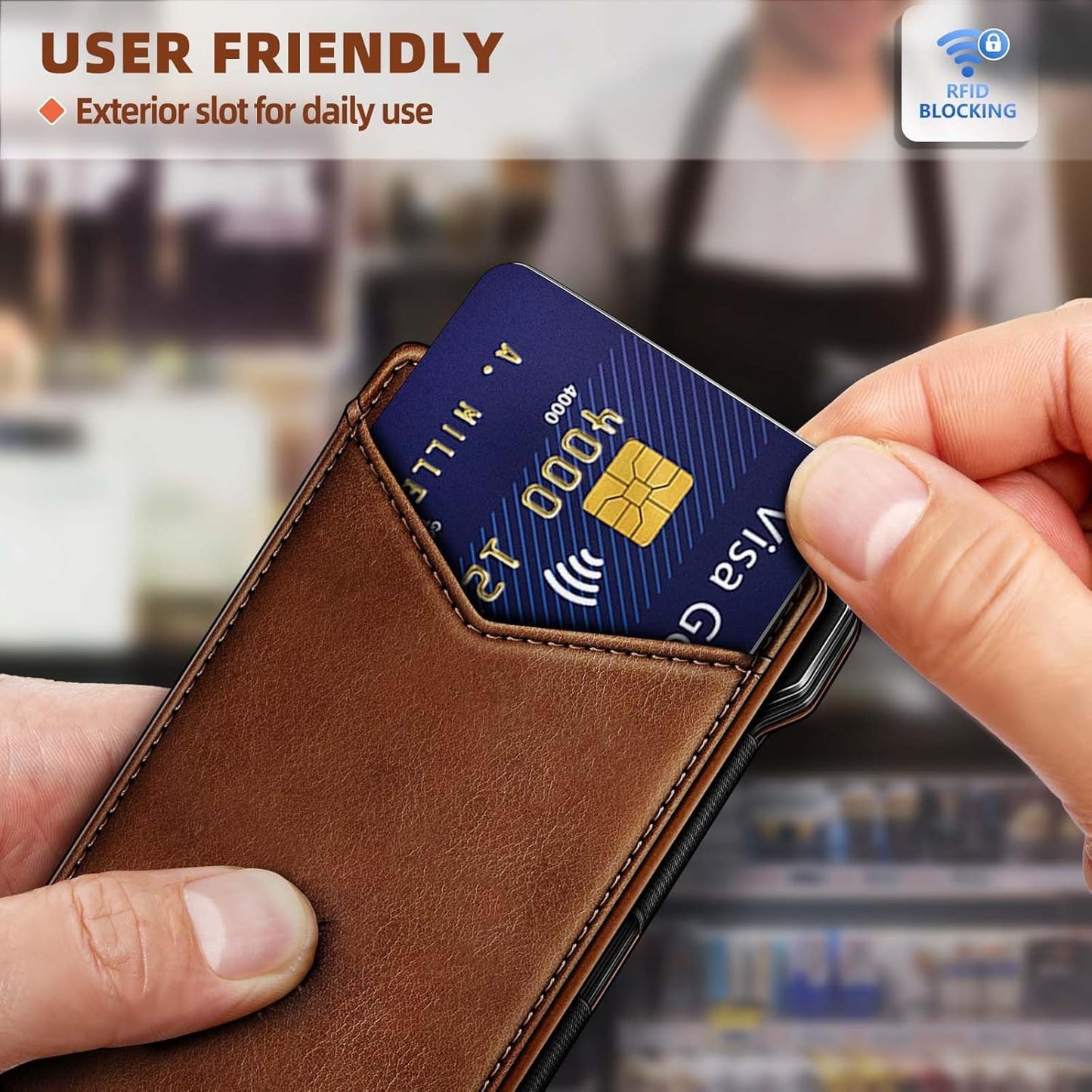 Men's Slim RFID Blocking Wallet Genuine Leather Front Pocket Design with Money Clip Holds 12 Cards Magnetic Flip Case (Brown)