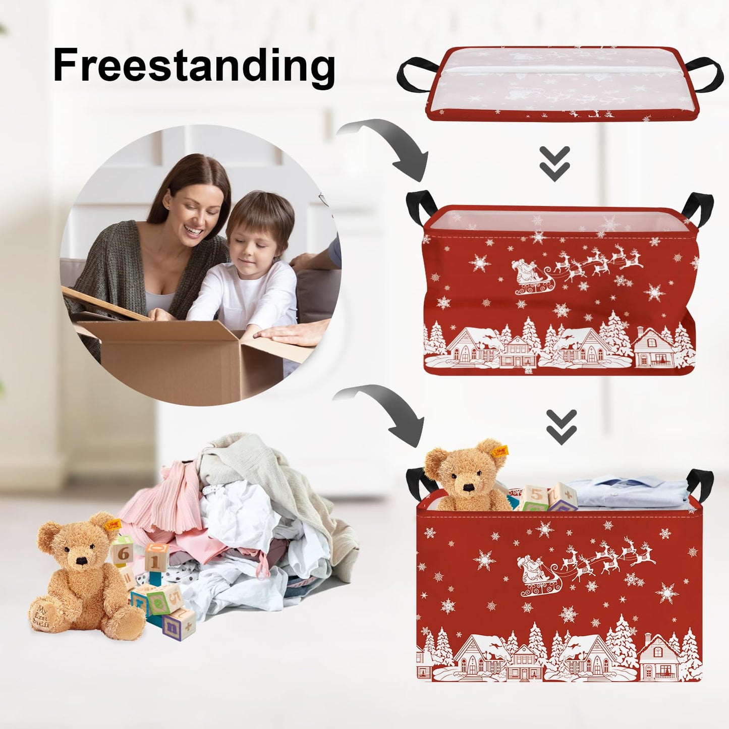 Clastyle Christmas Santa Elk Storage Basket Winter Snow House Snowflake Shelf Basket Christmas Tree Red Holiday Gift Basket Empty Collapsible Rectangle Clothes Book Toy Storage Cube