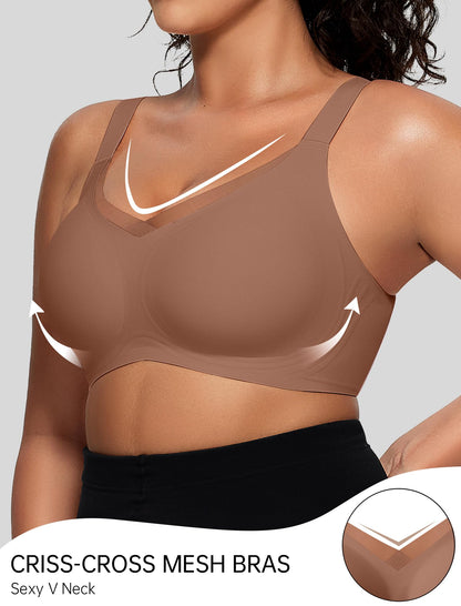 OEAK Womens Wireless Bras V Mesh Comfortable Bralette Supportive Tshirt Bra No Underwire Seamless Push Up Everyday Bras