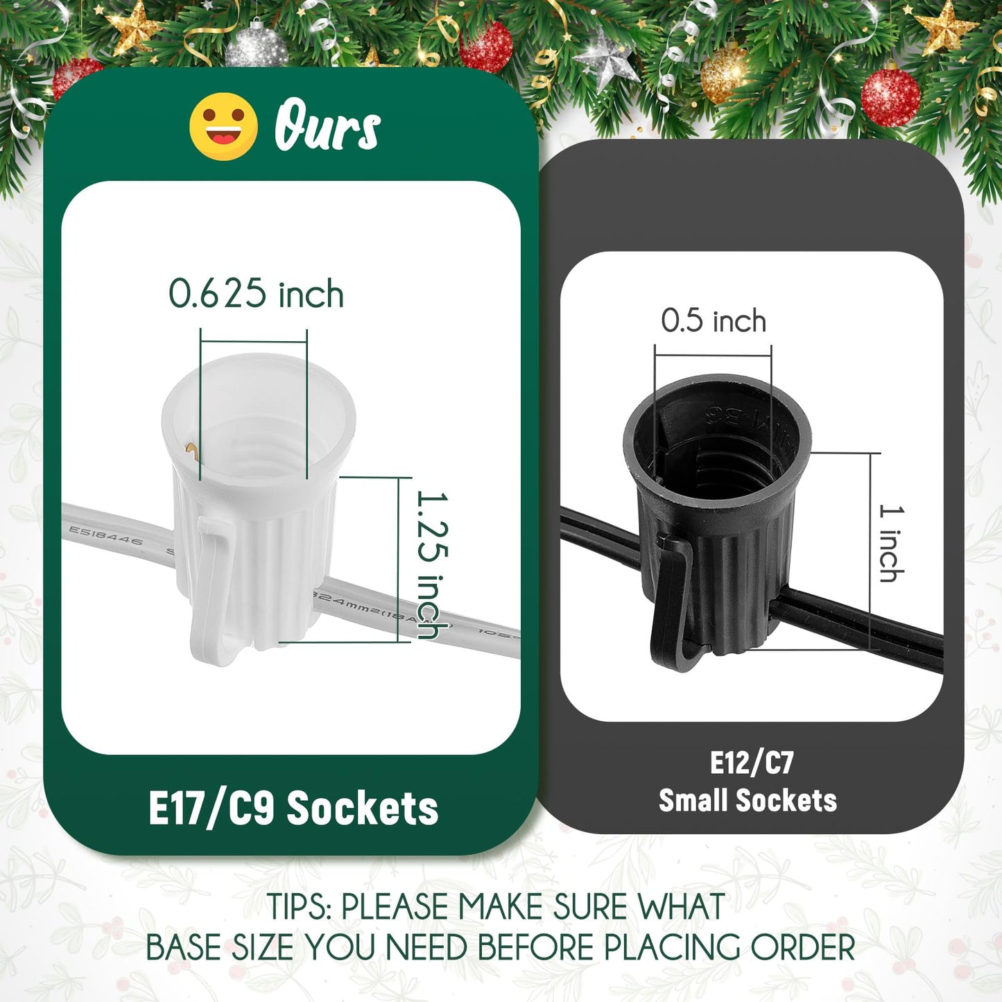C9 Light Strand, 50 FT Outdoor String Lights Christmas Stringer with 50 Sockets for Christmas Decor Patio, E17 Light Socket, 12 Spacing, White Wire