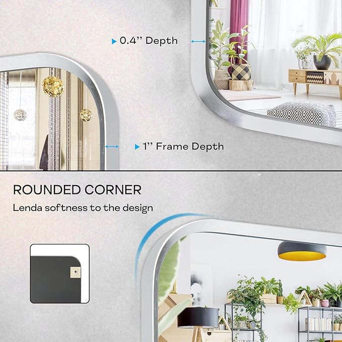 Wall Mount Mirror for Bathroom, Brushed Silver Metal Framed Rounded Corner Rectangular Vanity Mirror (20" x 30", Silver)