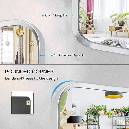 Wall Mount Mirror for Bathroom, Brushed Silver Metal Framed Rounded Corner Rectangular Vanity Mirror (20" x 30", Silver)