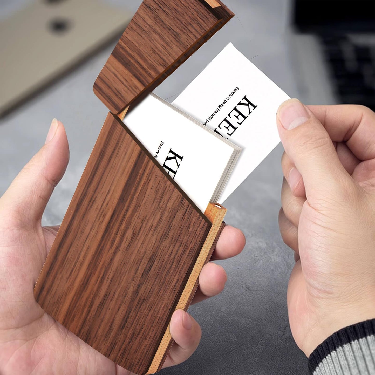 YOYAI Wood Business Card Holders Wooden Business Card Case Name Card Holder Walnut Card Holder with Magnetic Closure Portable (Black walnut)