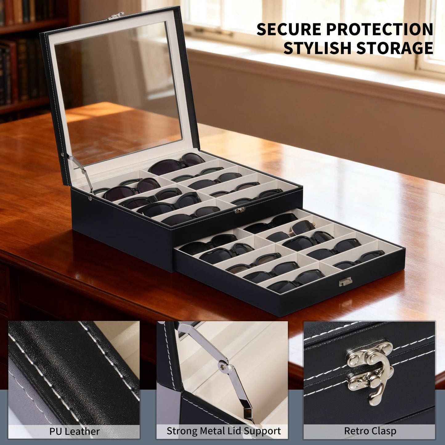 AUTOARK 2-Tier Lockable Glasses & Jewelry Organizer Case with Glass Top,20 Capacity PU Leather Display Box for Sunglasses,Watches,Rings,Ideal Gift for Home Office,Black,MKAW-301