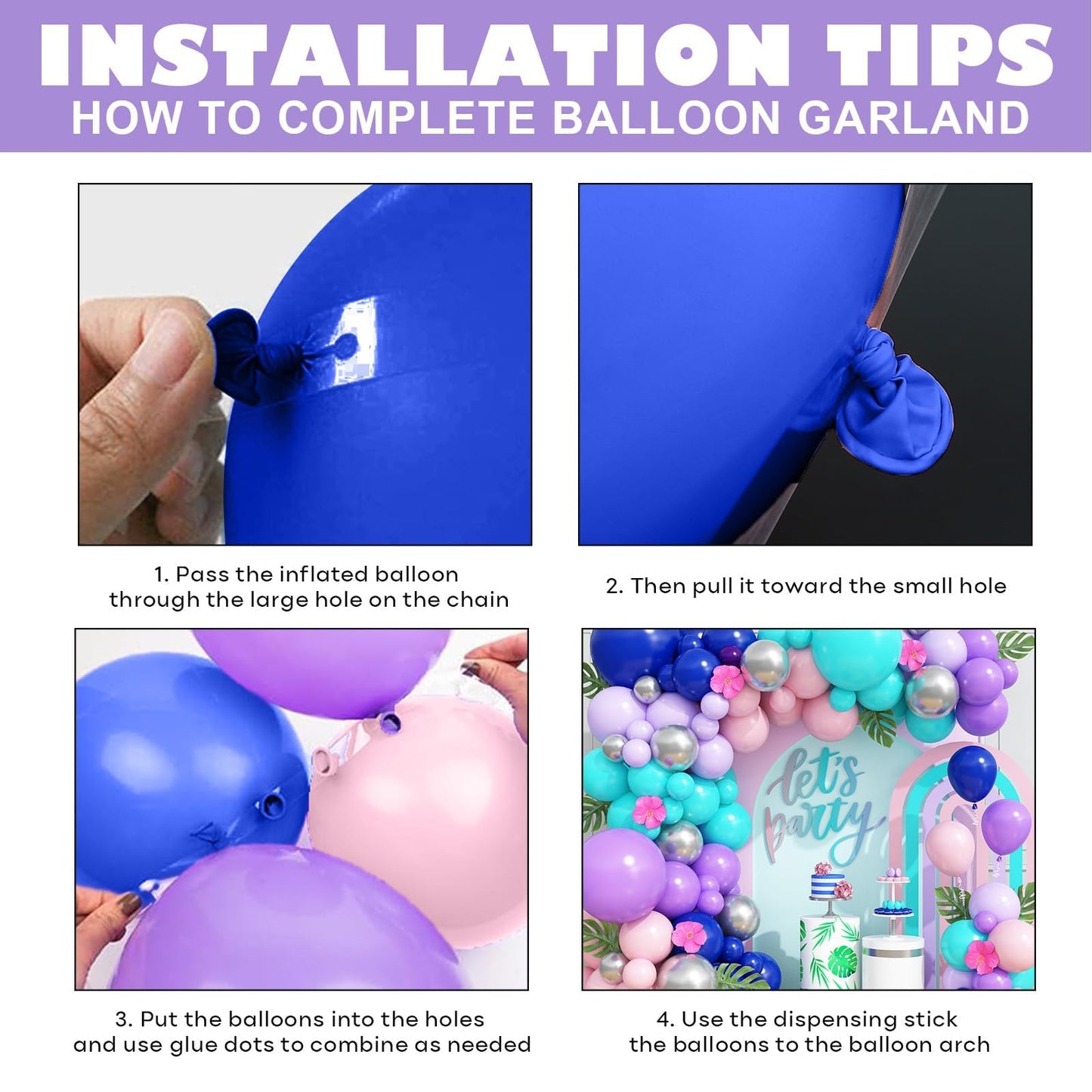 Blue Purple Balloon Arch Kit, 108 Pcs Macaron Purple Pink Blue Balloons Garland with Teal Royal Blue Metallic Silver Latex Balloons for Kids Hawaii Summer Theme Party Baby Shower Birthday Decoration