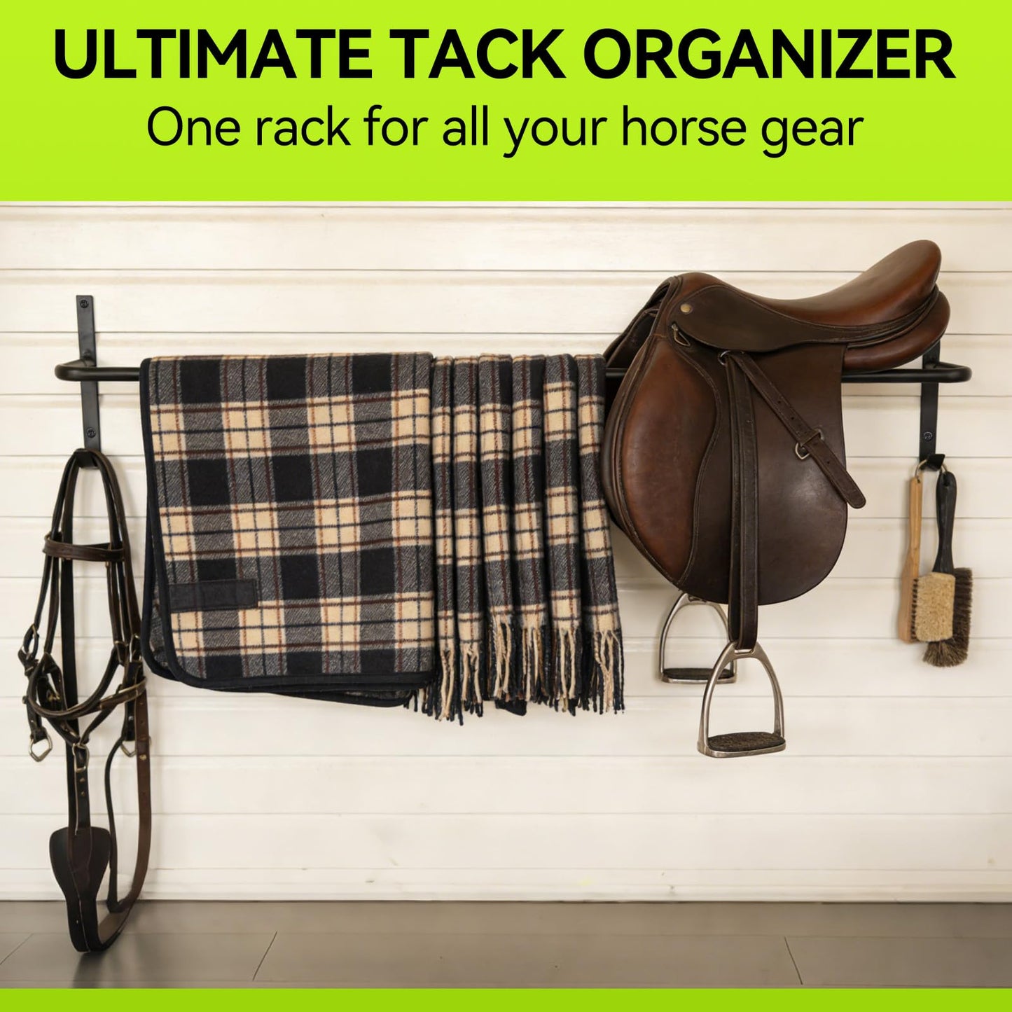 Zwinz 2Pcs Heavy Duty Horse Blanket Rack with Bridle Hooks, Wall Mounted Assembled Blanket Bar, Saddle Pad Rack for Horse Tack Storage, Black