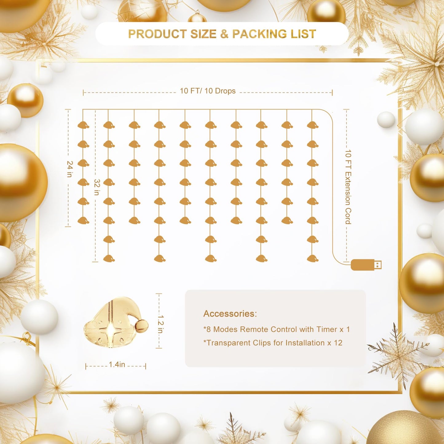 Patioman Santa Hats Curtain Lights, Warm White Window Lights 70 Hanging Light with Remote Fairy Led Twinkle String Lights Home Bedroom Wall Ceiling Décor for Christmas, Wedding, Party, Birthday