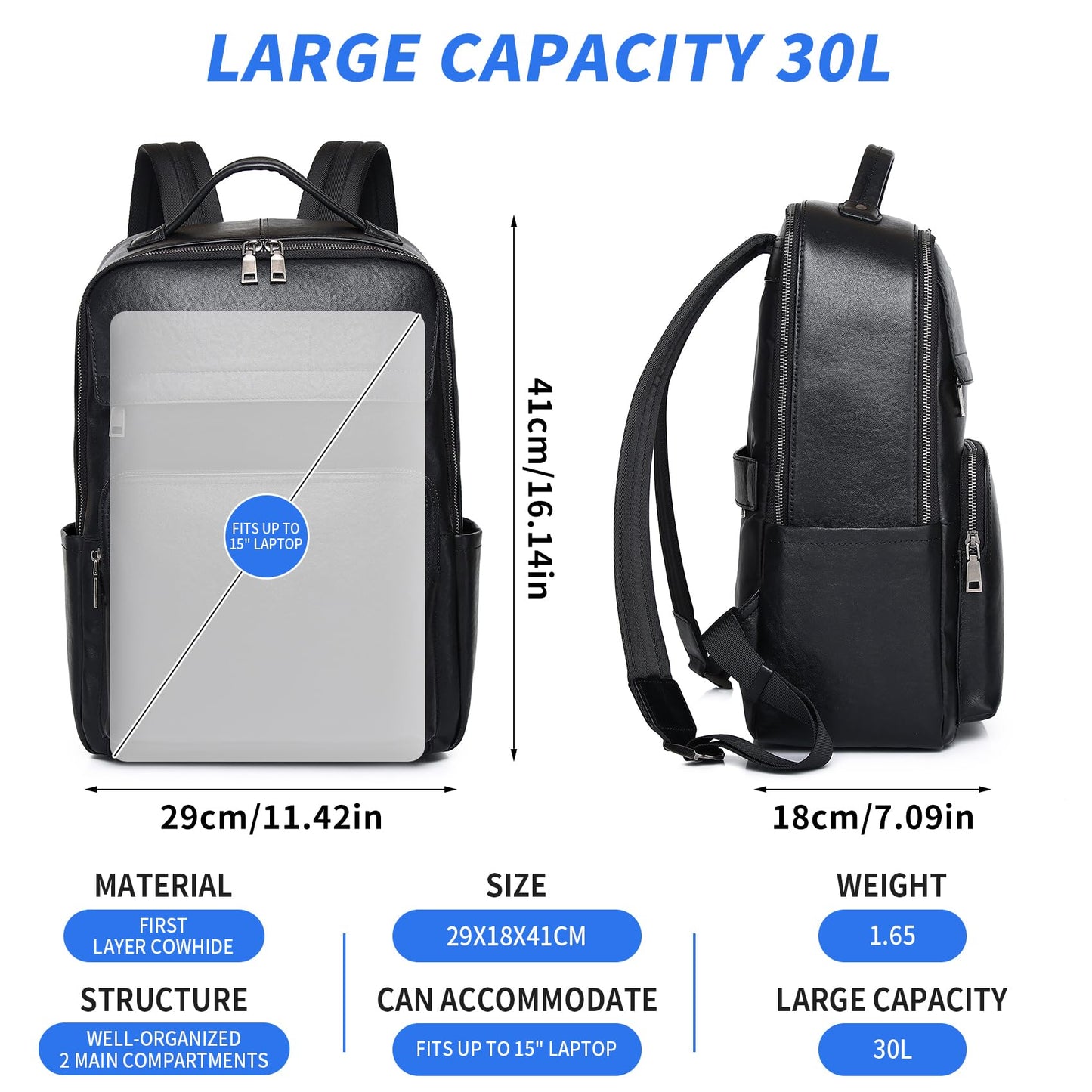 Wesccimo Veg-Tan Genuine Leather Backpack for Men Multi-Functional 15.6" Laptop Backpack, Black Business Travel Luxury Backpack Work Daypack