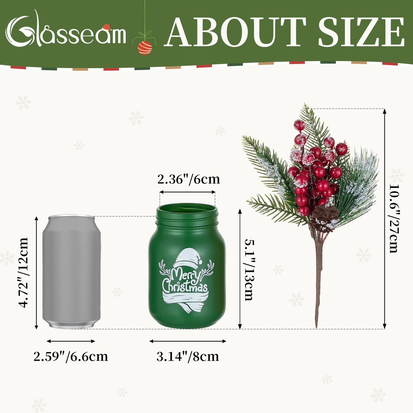 Glasseam Christmas Vases for Table Centerpiece: 3pcs Christmas Decorations Mason Jar with Artificial Flowers - Glass Flower Vases Set for Indoor Fireplace Mantle Home Decor