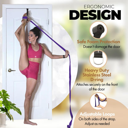 Pilates Stretching Strap with Door Anchor - Flexibility Equipment for Pilates Practitioners - Ideal for Improving Leg Flexibility, Core Stability, and Posture Alignment at Home (Purple)