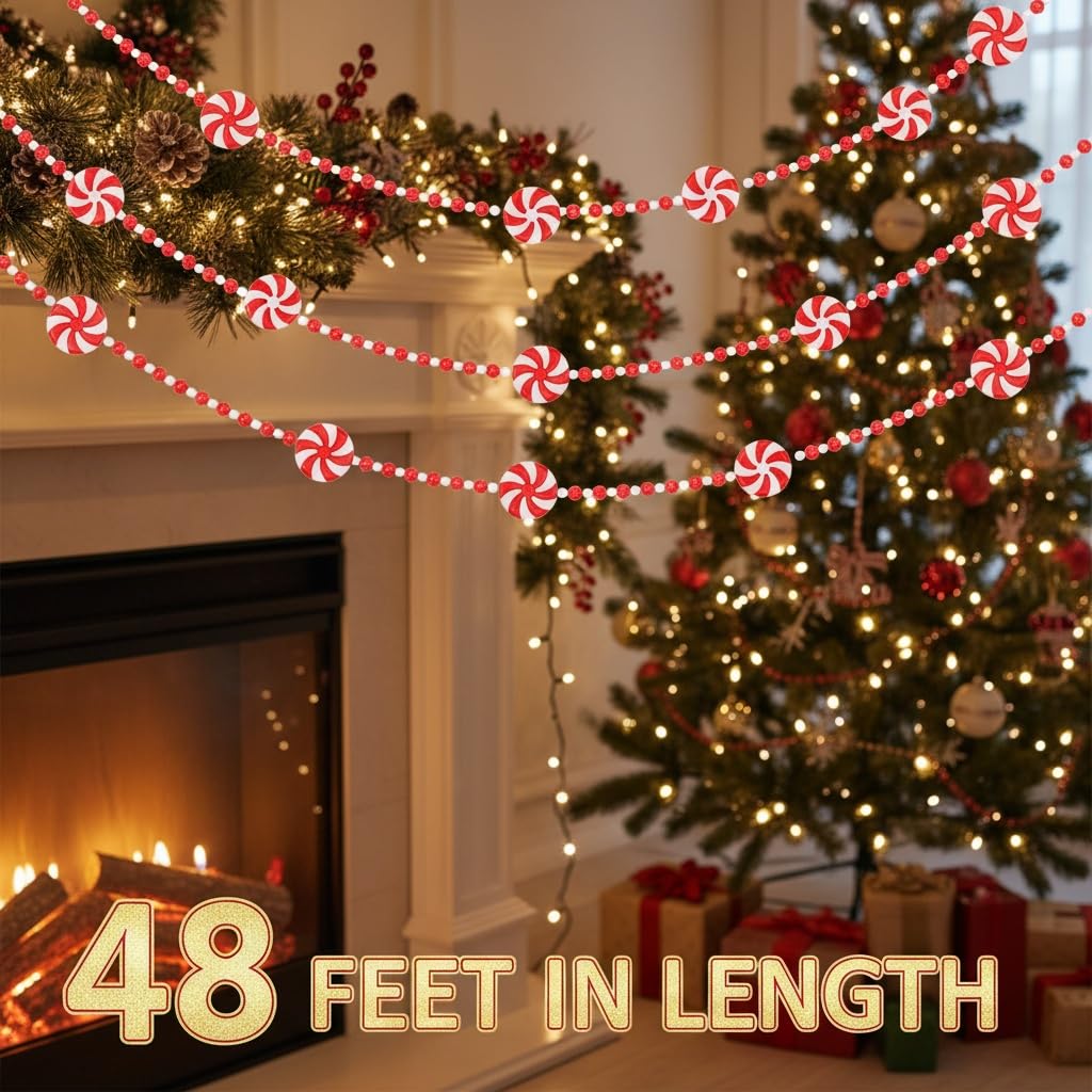 48 feet Christmas Candy Garland Plastic Bead Garland Xmas Holiday Candy Cane Decor for Christmas Tree Wreaths Decorations