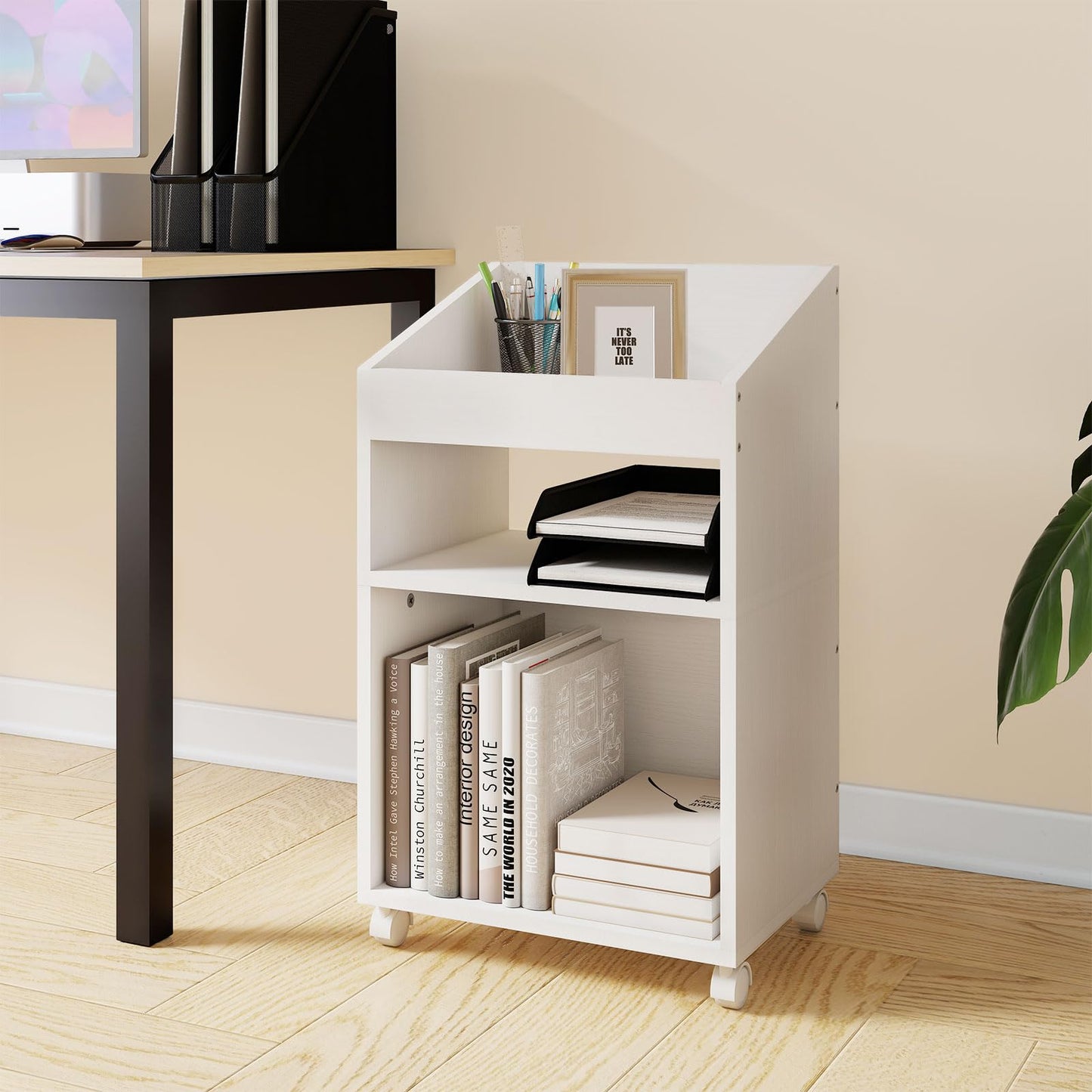 Permory 3-Tier Mobile Files Cabinet, Under Desk White Storage Organizer with Wheels for Home Office (White)