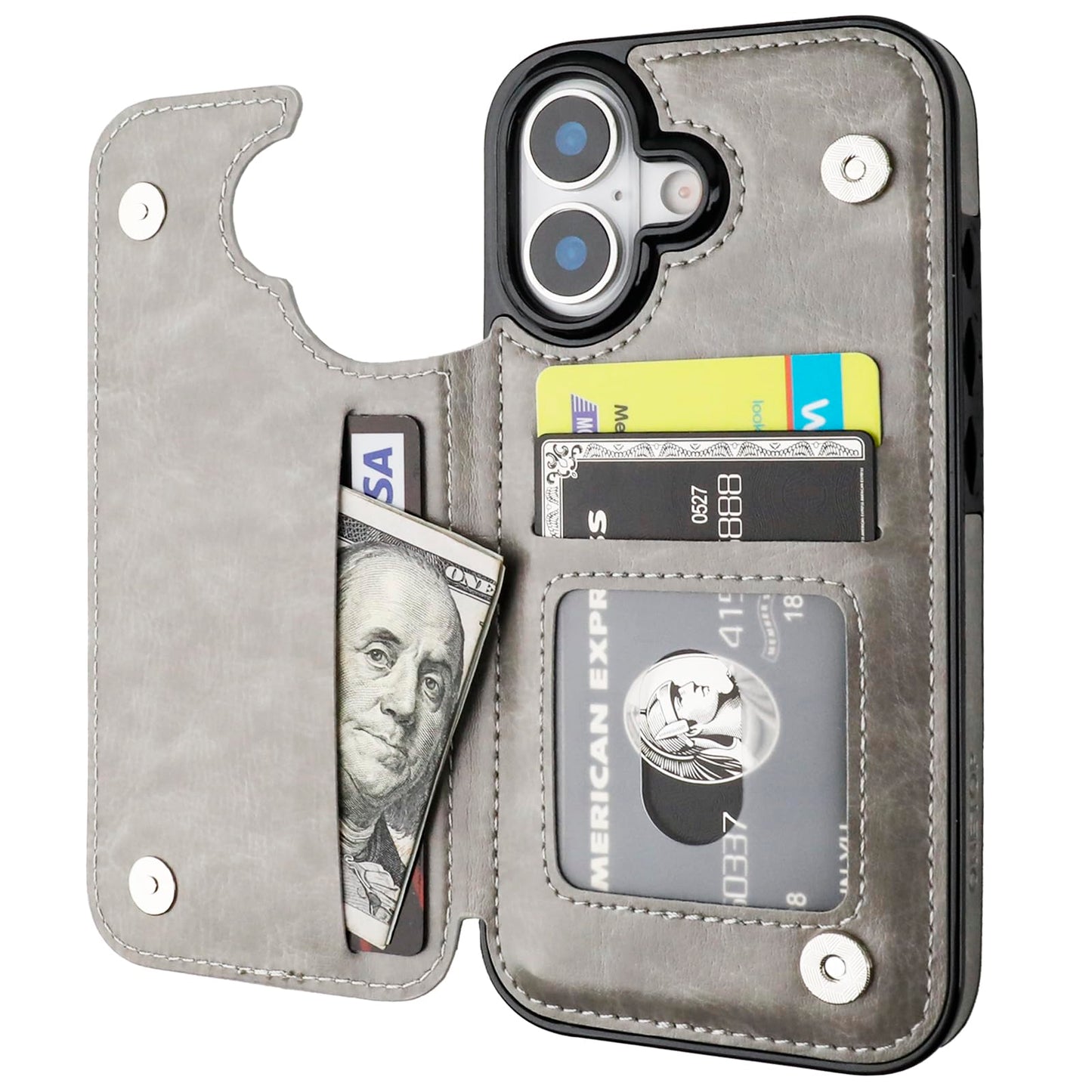 ONETOP Compatible with iPhone 17 Wallet Case with Card Holder, PU Leather Kickstand Card Slots Case, Double Magnetic Clasp and Durable Shockproof Cover 6.3 Inch (Gray)