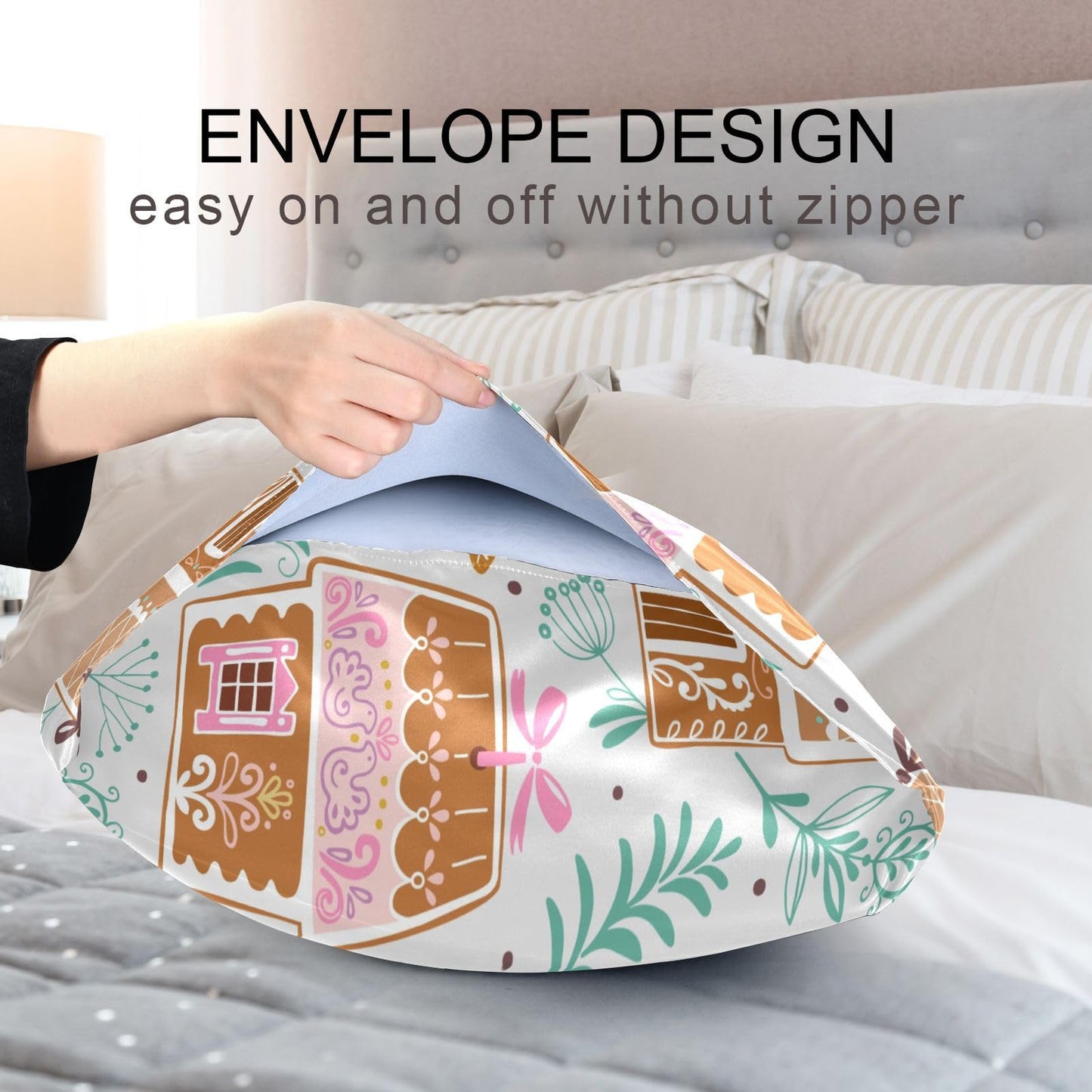 Dalzium Christmas Satin Pillowcase for Hair and Skin, Gingerbread Houses and Stars Silk Pillow Case Soft and Cozy Body Pillow Covers Queen Size with Envelope Closure, M