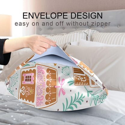 Dalzium Christmas Satin Pillowcase for Hair and Skin, Gingerbread Houses and Stars Silk Pillow Case Soft and Cozy Body Pillow Covers Queen Size with Envelope Closure, M