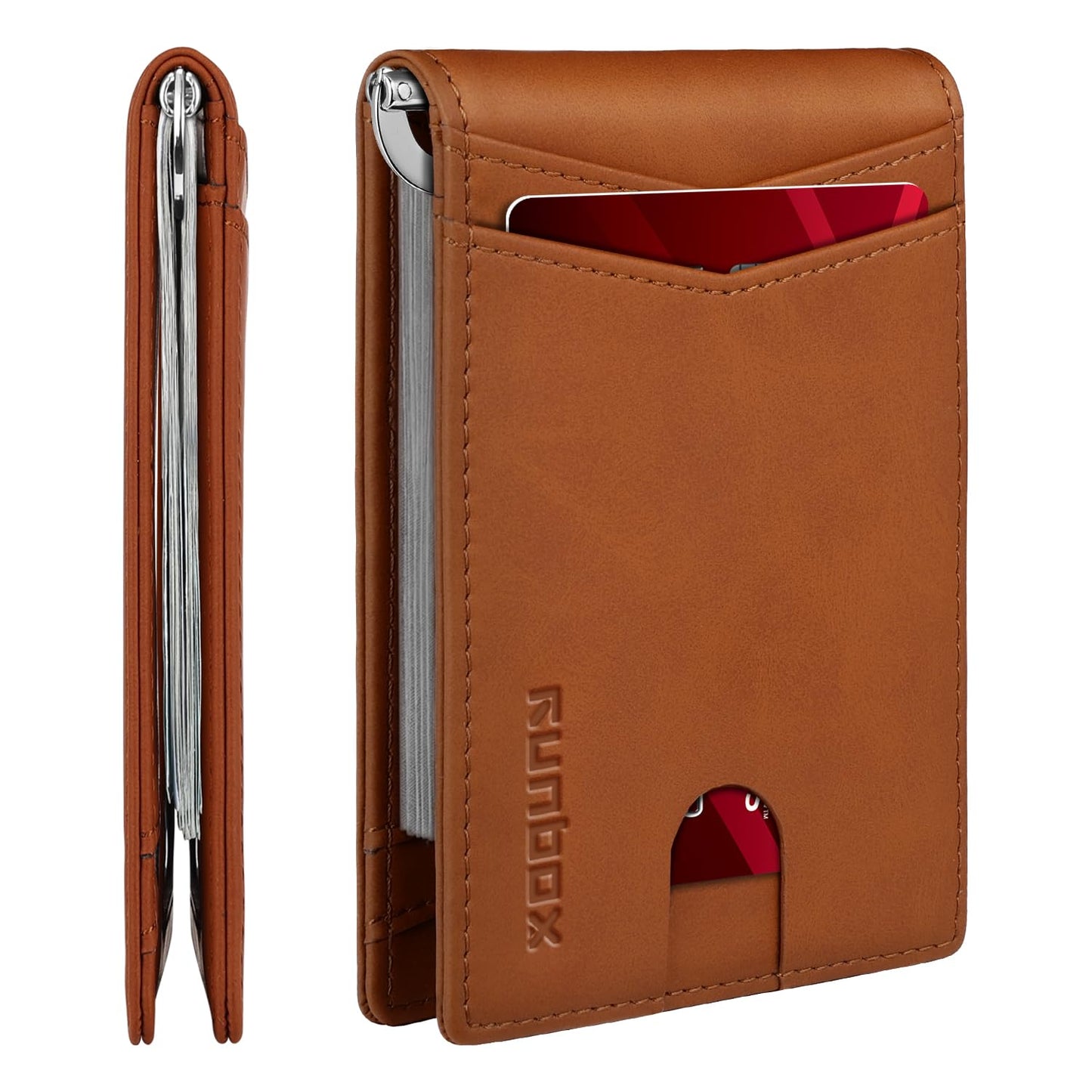 RUNBOX Slim Money Clip Wallets for Men RFID Blocking 8 Card Holder Minimalist Small Thin Carbon Leather Bifold Mens Front Pocket Wallet Gift Box(Desert Brown)
