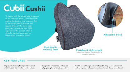 Cubii Cushii Back Support Cushion for Back and Lower Back Pain Relief - Universal Fit for Desk, Office, Kitchen Chairs, Couch Cushions with Advanced Back Lumbar Support