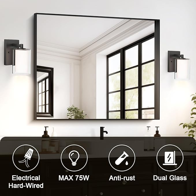 Wall Sconces Set of Two: Bathroom Sconce of 2, Black Vanity Fixtures with Double Clear Glass Shade, E26 Base Hardwired Farmhouse Wall Lights for Bedroom Living Room Bathroom (Bulb not Included)