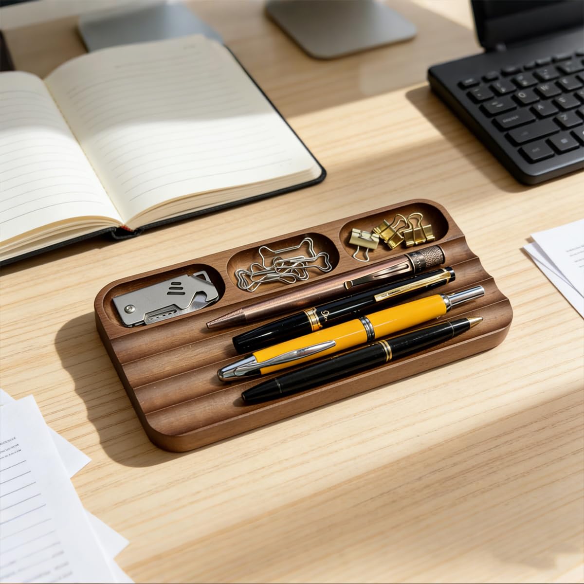 LITAITAI Horizontal Pen Holder,Acacia Wood Pen Tray,Desktop Pen Display,Walnut Desk Tray,Paperclip Headphones Eraser Office Stationery Storage,Brown