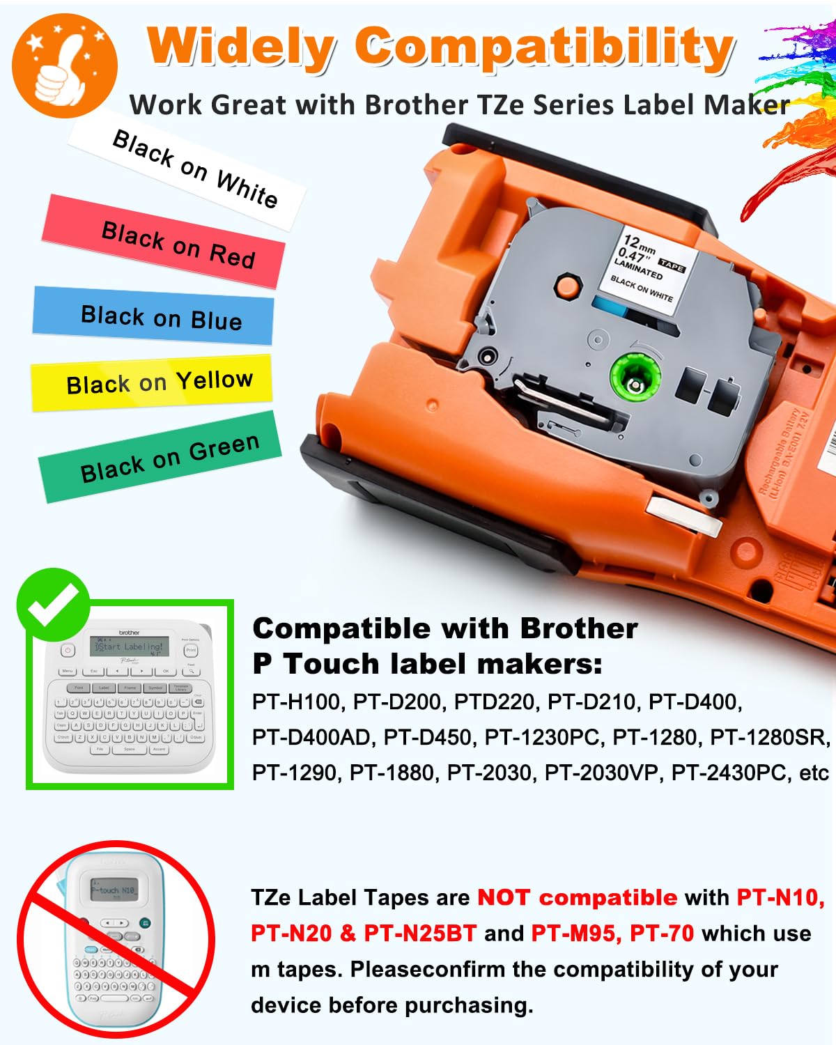 5-Pack Label Maker Tape Replace for Brother TZe TZ Tape 12mm 0.47 Laminated Colored White/Red/Blue/Yellow/Green Compatibel with Brother P Touch Label Maker PTH110 PTD220 PTD210 PT-D410