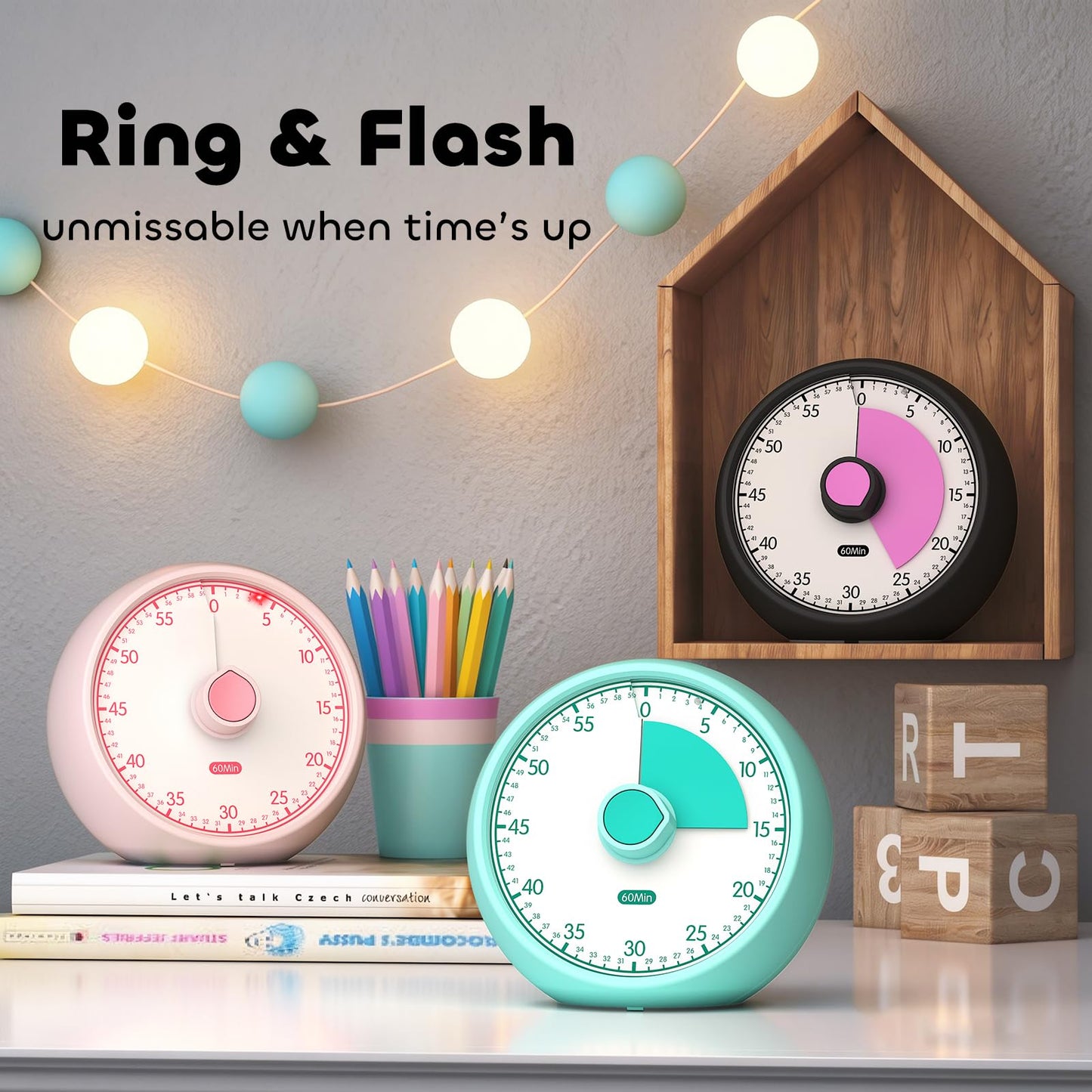 Conchstar Visual Timer for Kids 60-Minute - Countdown Timer with Optional Alarm, Focus Tool for ADHD & Autism, Time Management for Homework, Chores, Office, Kitchen, Teaching & Study Routines (Green)