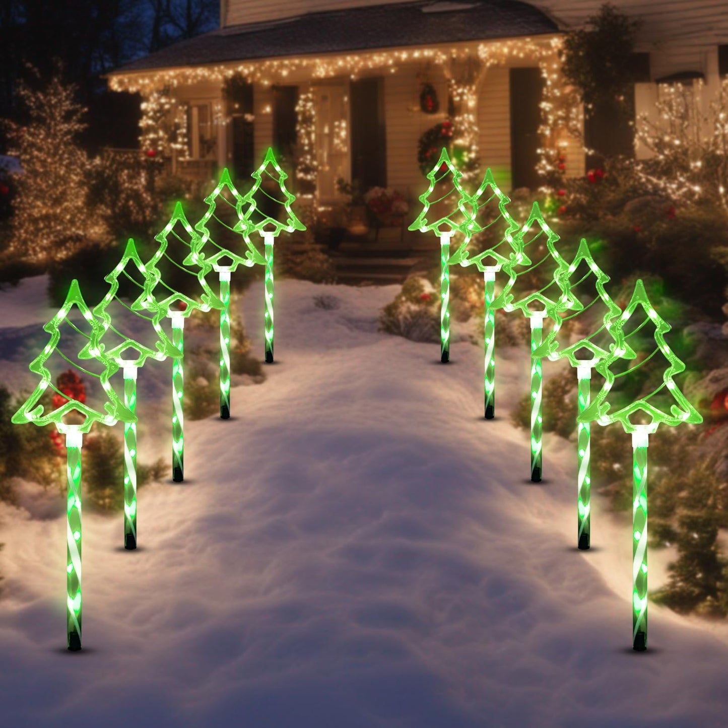 Christmas Solar Pathway Lights Outdoor Decorations, 8 Modes Xmas Tree Candy Lights Waterproof Led Garden Stake Light for Walkway Yard Lawn Porch Holiday Decor (Green Tube Tree, 5 Pack)