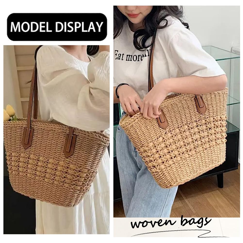 BVNTBZC Large Straw Shoulder Bag Women Woven Tote Travel Bag Top Handle Summer Beach Handbag Purse (Khaki)