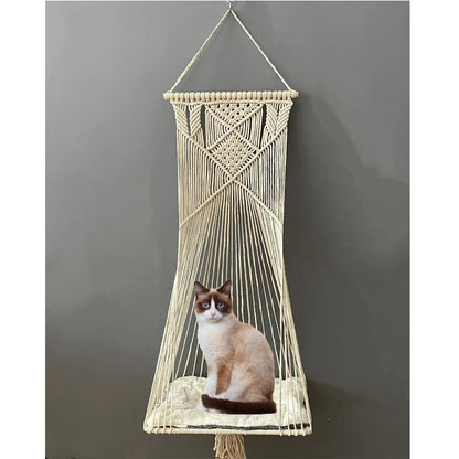 Sdjazl Macrame Hanging Cat Hammock Bed Cat Swing House Space Saving Window Perch with Washed Cotton Cats Toy Tassel Basket Tapestry (Beige, Swing Bed+Cushion)