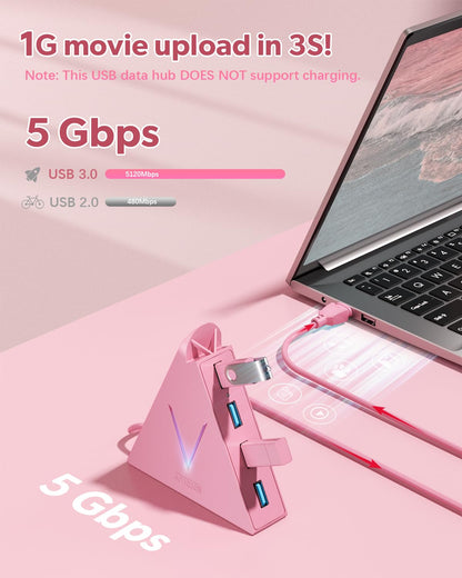4-Port USB 3.0 Hub, FlyingVHUB Vertical Data USB Hub with 2 ft Extended Cable, for Mac, PC, Xbox One, PS4, PS5, iMac, Surface Pro, XPS, Laptop, Desktop, Flash Drive, Mobile HDD(Pink)