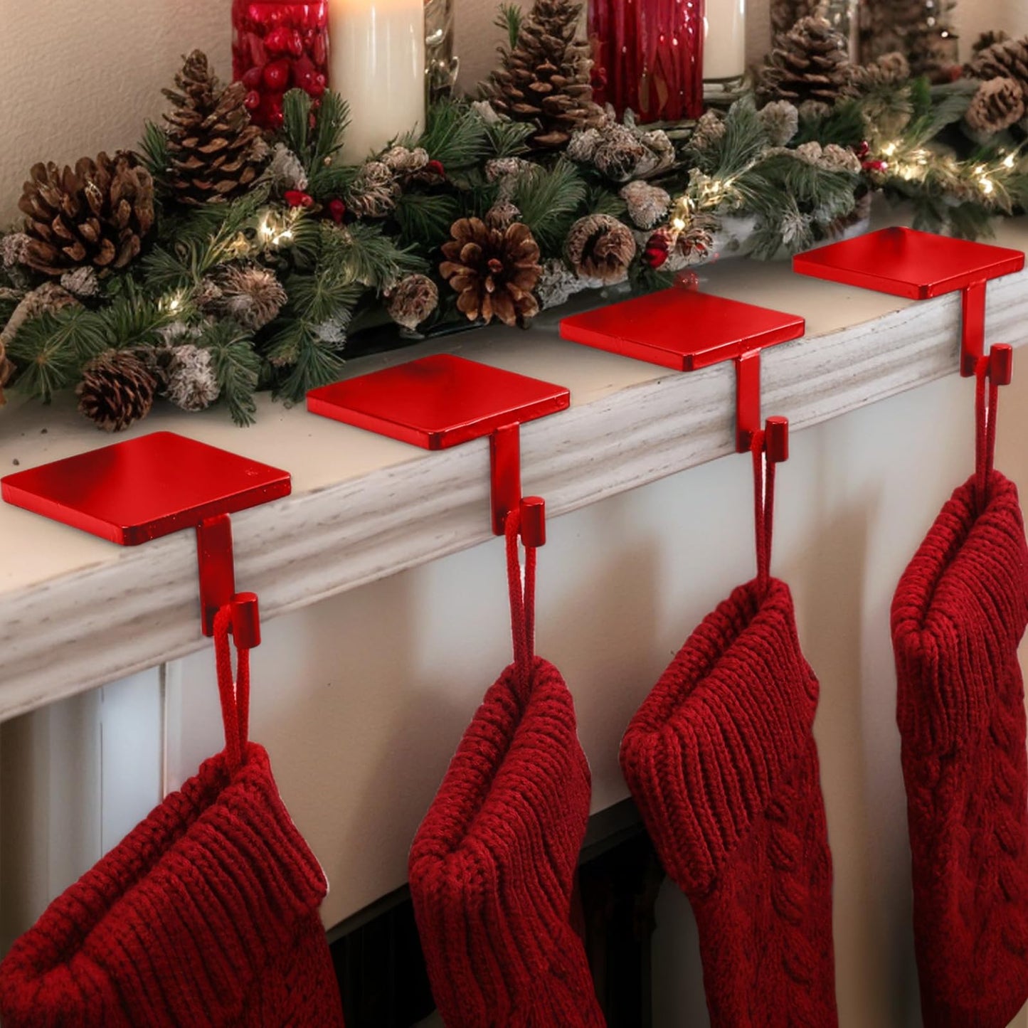 Joyyy Christmas Stocking Holders for Mantle Set of 4 Heavy-Duty Cast Iron Xmas Stocking Hangers Hooks for Mantel with Protective Pad for Fireplace Home Shelf (Red)