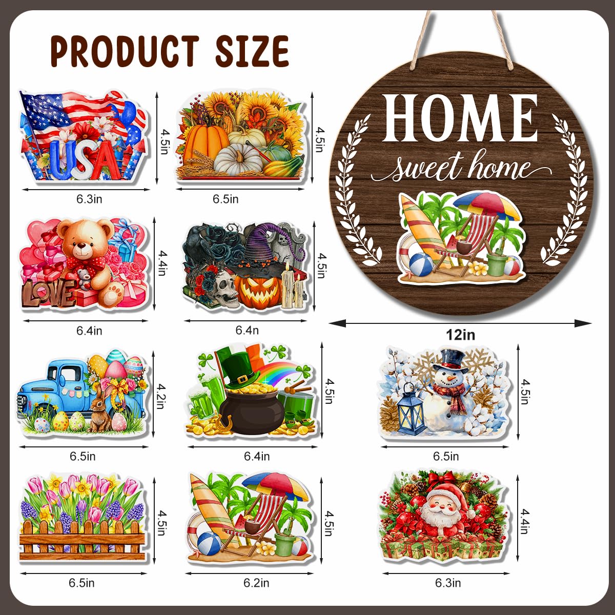 Interchangeable Welcome Sign Summer Patriotic 4th of July Front Porch Decor, Rustic Round Wood Wreath Door Decoration, Home Sweet Home Sign for Spring Fall Winter All Seasons Holiday, Dark Brown