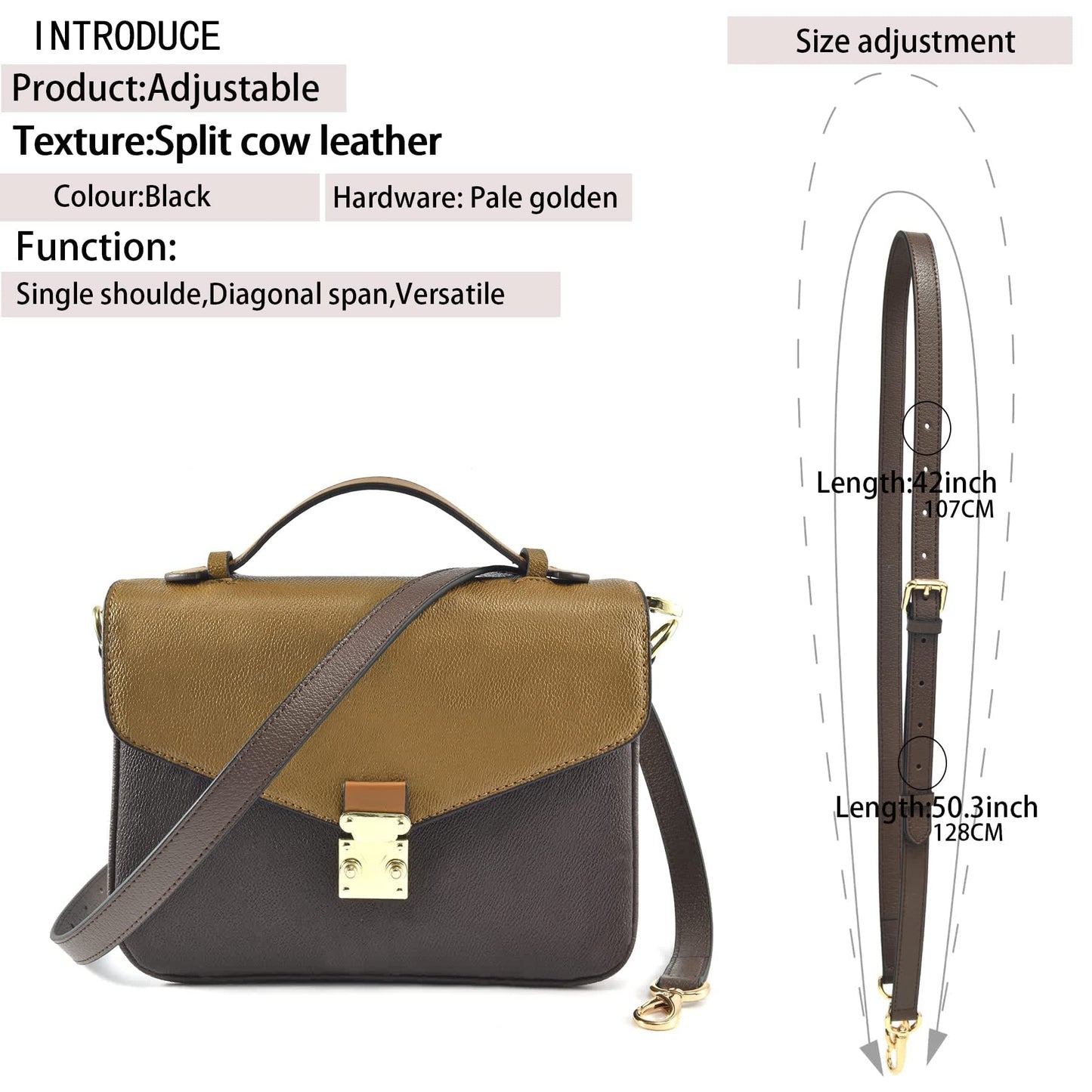 GOXTECH Vachetta Leather Adjustable Crossbody Strap for ， women's crossbody handbags（Brownish Grey）